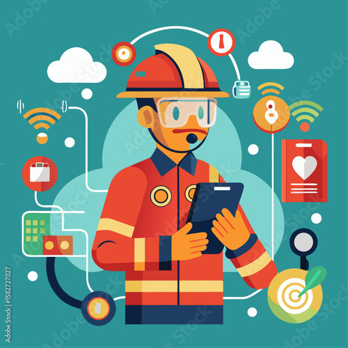A man in a red and yellow fireman's uniform is holding a tablet. The image is a colorful, cartoonish representation of a firefighter using technology