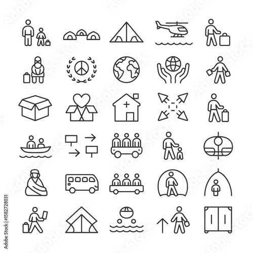 Collection of Black Line Icons Depicting Migration Refugee Aid Humanitarian Assistance Travel Transportation Shelter Home Peace Global Aid Refugee Camp Boat Bus Helicopter