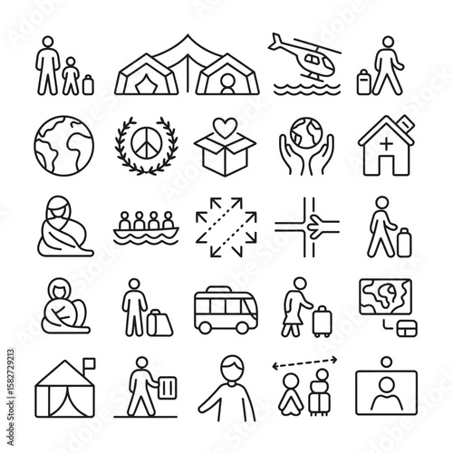 Collection of Black Line Icons Depicting Refugee Crisis Humanitarian Aid Global Migration Displacement Travel Transportation Shelter Assistance Peace Symbol Family Child