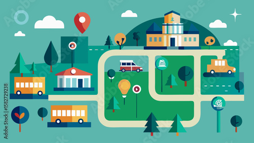 A city map with a red marker on it. The map shows a road with a truck and a bus on it