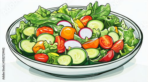 Vibrant salad bowl filled with mixed greens, tomatoes, cucumbers, and radishes ready for a healthy meal