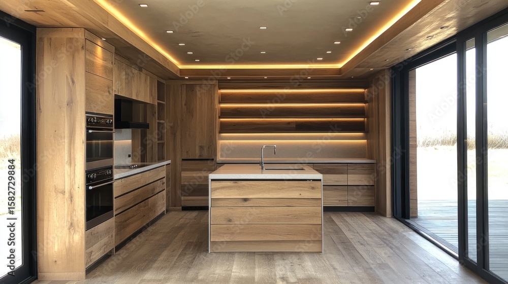 Fototapeta premium Modern kitchen with island, wood cabinets, and outdoor view