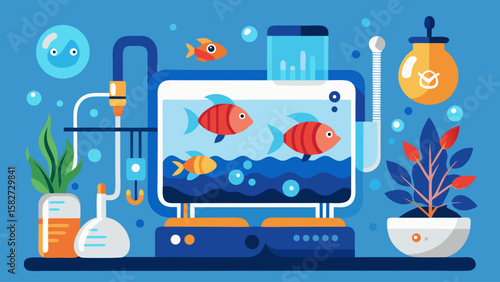 A blue background with a fish tank and a plant. The fish tank has two fish in it