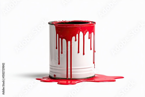 A partially-full white paint can with bright red paint dripping down its sides and pooling on a white background