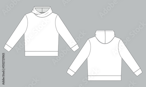 Long sleeve hoodie with Zipper technical fashion Drawing sketch template front and back view. apparel dress design vector illustration mock up jacket CAD. Easy edit and customizable.