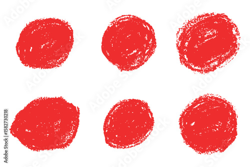 Hand drawn red circles with crayon texture. Rough scribble style with chalk like edges and bold marker look. Grunge round shapes with pastel or pencil effect