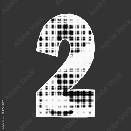 Torn collage number 2 in ransom style. Distressed paper texture with halftone gritty dots and stippled school style cutout look.