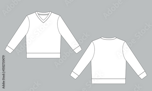 Wallpaper Mural V- neck long sleeve sweatshirt technical drawing fashion flat sketch vector illustration template front and back Torontodigital.ca
