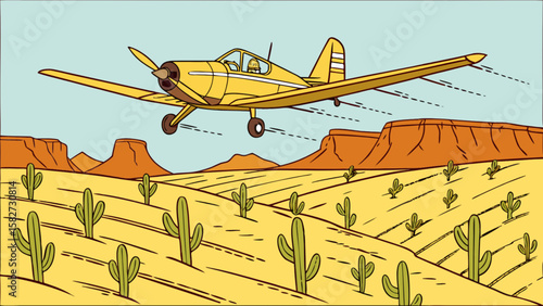 Vintage yellow crop duster airplane flying over desert landscape with cacti and mesas scenic view illustration
