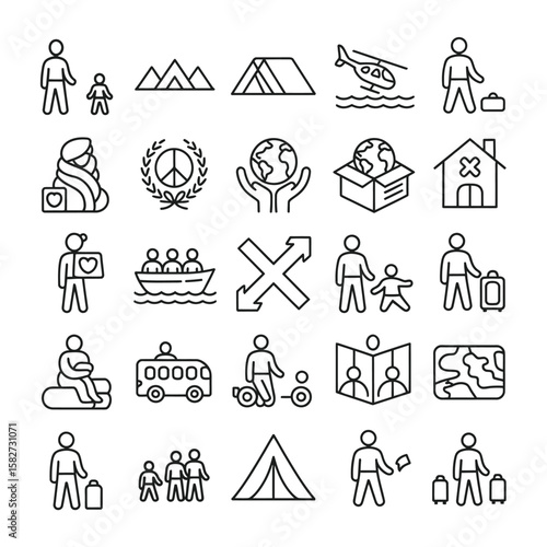 Collection of Black Outline Icons Depicting Migration Refugee Aid Humanitarian Assistance Travel and Displacement Symbols