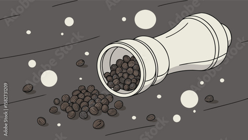Pepper grinder with black peppercorns scattered on a gray surface kitchen seasoning spice ingredient food art