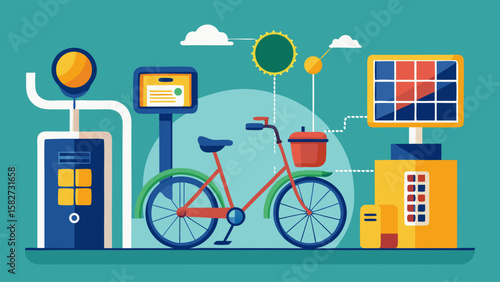 A bicycle is shown with a green frame and yellow wheels. The bike is parked next to a parking meter and a coin slot. There are also some coins on the ground. Concept of urban life