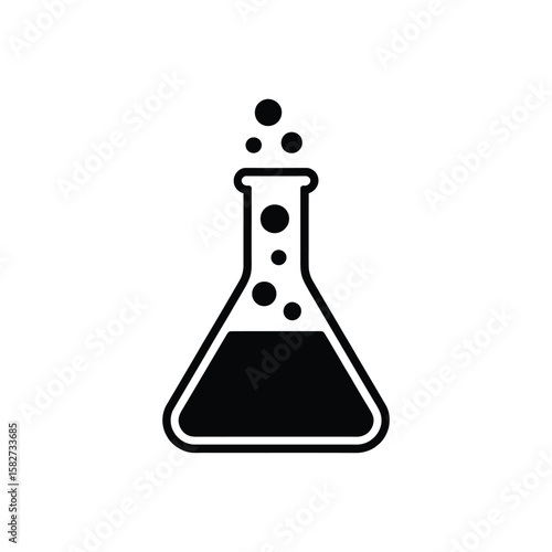 Black and white icon of a bubbling erlenmeyer flask in a science laboratory