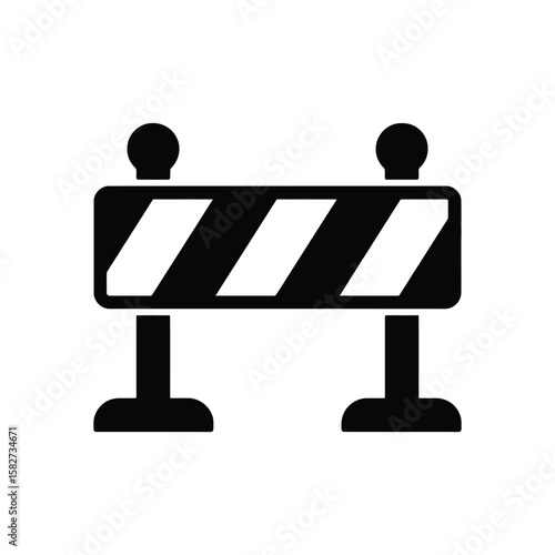 Black and white icon of a construction barrier with reflective stripes and warning lights