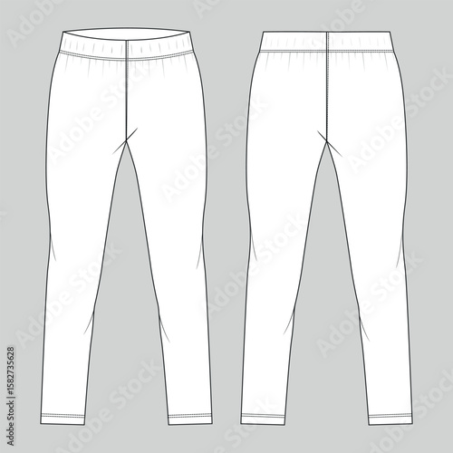 Slim fit Leggings pants fashion flat sketch vector illustration template front, back views. Girls Long Legging mock up for Women's unisex CAD.