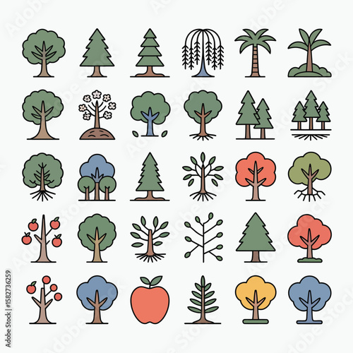 Collection of Colorful Line Art Tree Icons Diverse Deciduous Evergreen Coniferous Palm Trees Apple Trees Various Styles and Colors Simple Flat Design Illustrations for Nature
