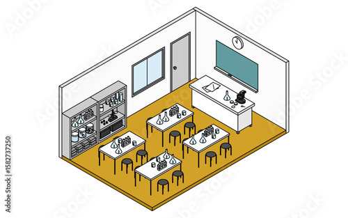 理科の実験用具が並ぶ学校の理科室のシンプルでかわいいアイソメトリック線画イラスト