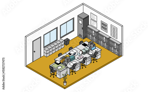 教員の机が並ぶ学校の職員室のシンプルでかわいいアイソメトリック線画イラスト