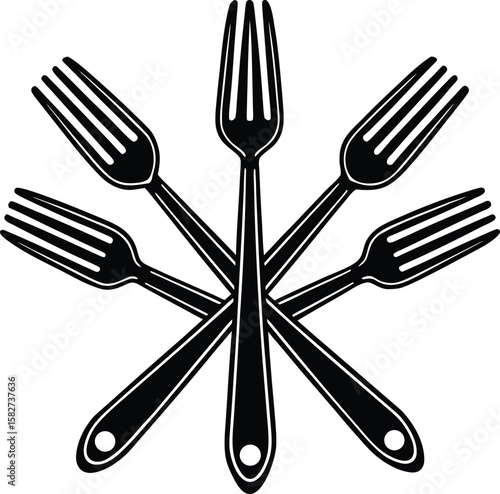A vector illustration of isolated metal kitchen utensil silhouettes, including forks, spoons, and knives, for dining and restaurant settings clean, simple, minimalist, black, white, shape, tool