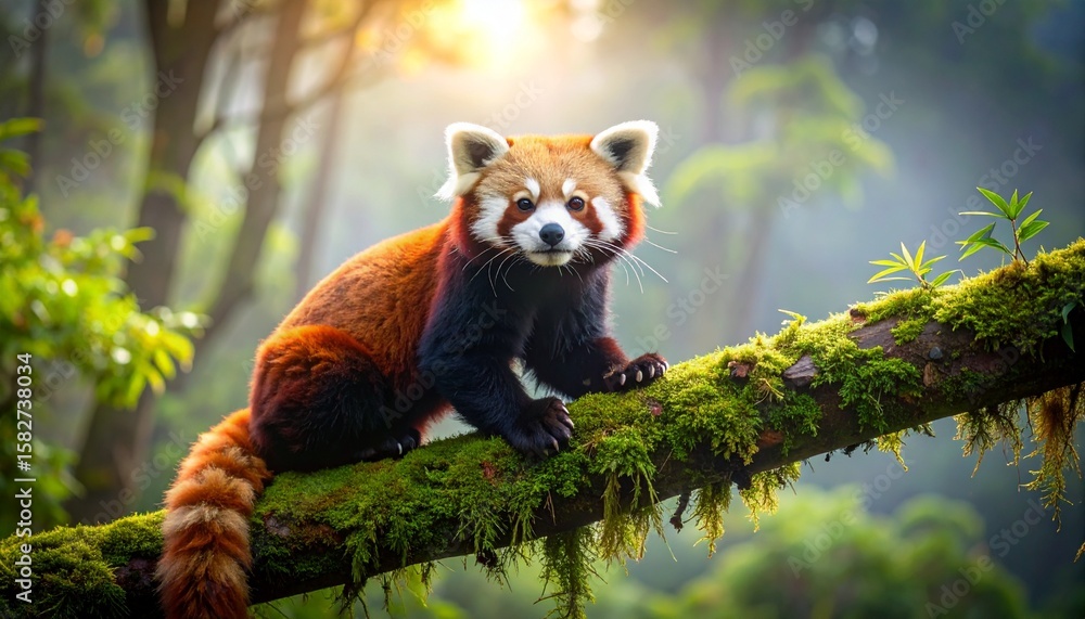 Fototapeta premium Red Panda on Mossy Tree