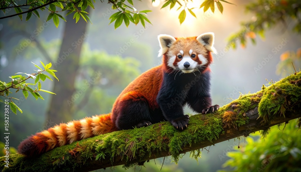 Naklejka premium Red Panda on Mossy Tree