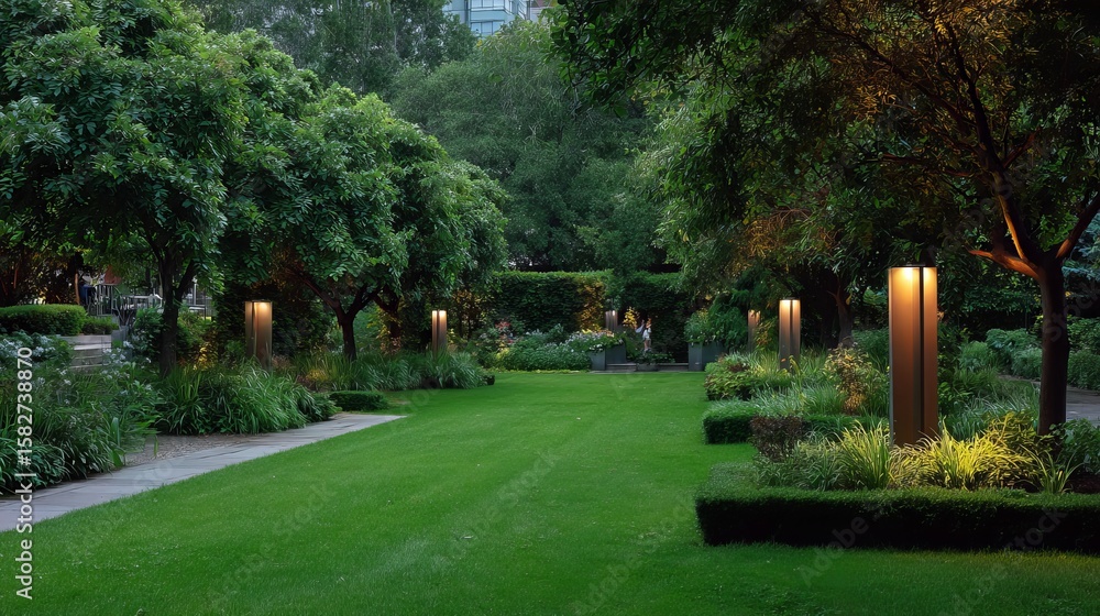 Fototapeta premium Serene green garden illuminated by soft lights, creating a tranquil evening atmosphere.