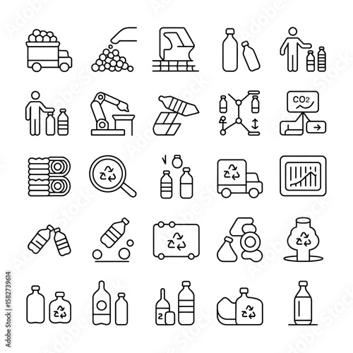 Collection of Line Icons Depicting Plastic Bottle Recycling Process from Collection Transportation to Sorting and Reprocessing Showing Stages of Carbon Footprint Reduction and