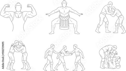 Line art showcases wrestling, grappling, and sumo wrestling poses and stances.