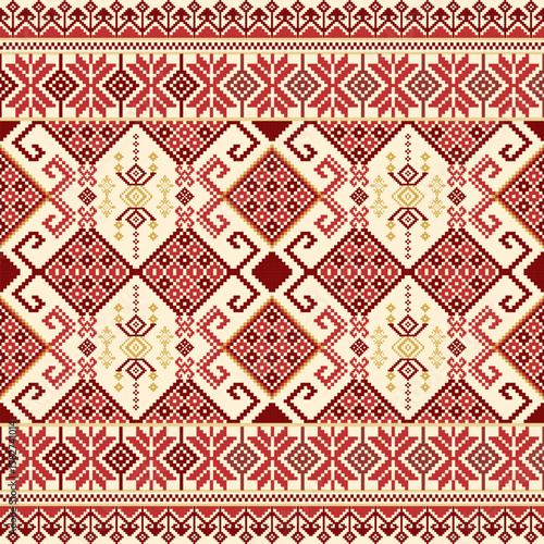 Ethnic Textile with Red and Beige Tribal Maze Motif