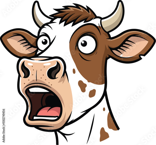 Cartoon cow with a surprised expression, featuring brown and white spots.