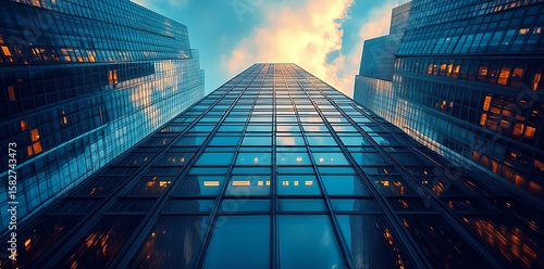 Modern Glass Skyscraper Building Looking Up From Ground Level in Urban City