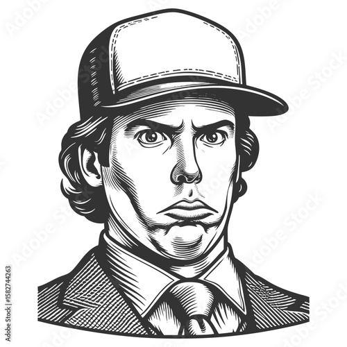 man in a baseball cap making a confused or exaggerated surprised expression sketch engraving generative ai fictional character vector illustration. Scratch board imitation. Black and white image.