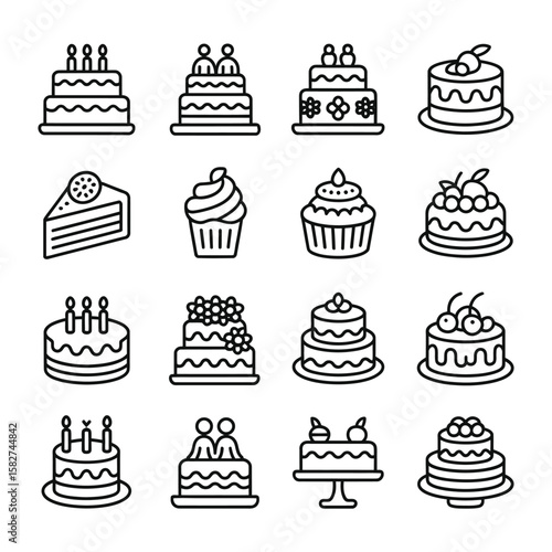 Collection of sixteen black and white line art cake and cupcake icons featuring various designs including birthday cakes layered cakes cupcakes and single slices of cake