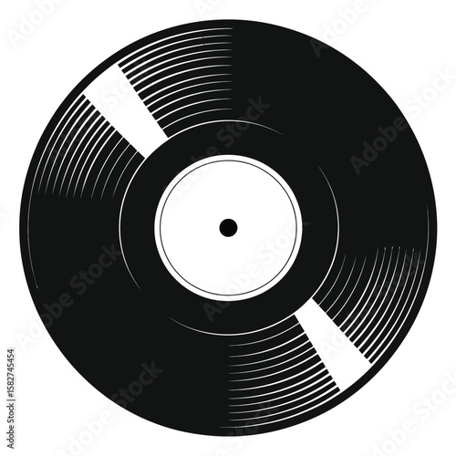 Classic black vinyl record with white label and grooves on white background