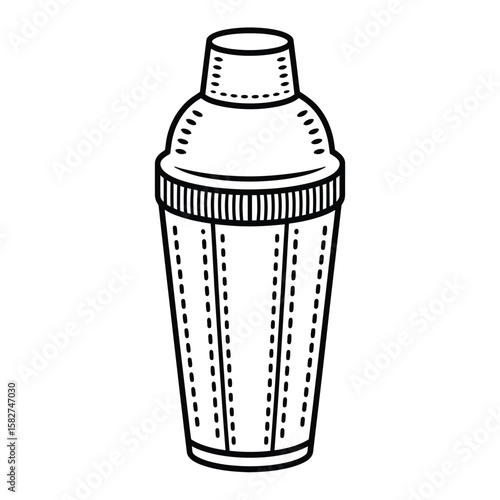 Simple black and white illustration of a classic cocktail shaker with dotted accents