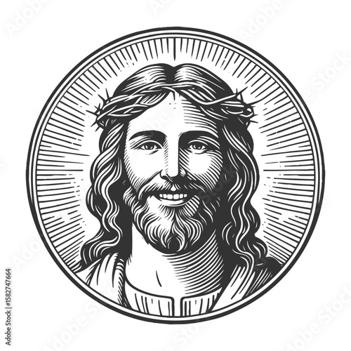 Jesus Christ smiling, surrounded by radiant circular halo lines sketch engraving generative ai fictional character vector illustration. Scratch board imitation. Black and white image.