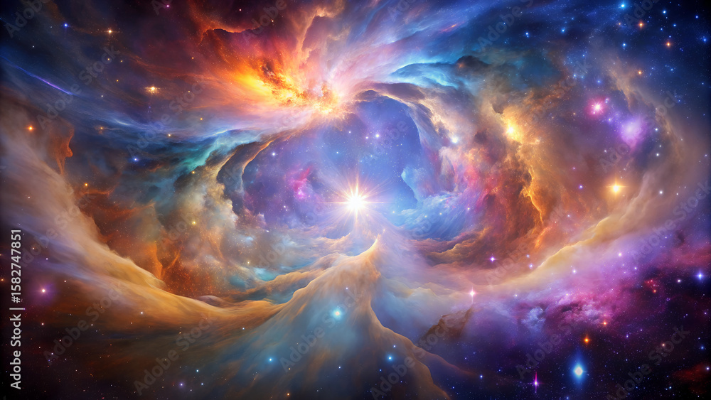 Fototapeta premium Cosmic Nebula: Vibrant Celestial Landscape, Starburst, Dreamlike Fantasy, Mystical Space Art.