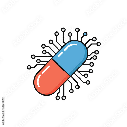 A futuristic medical capsule, digitally enhanced, connected by circuitry.