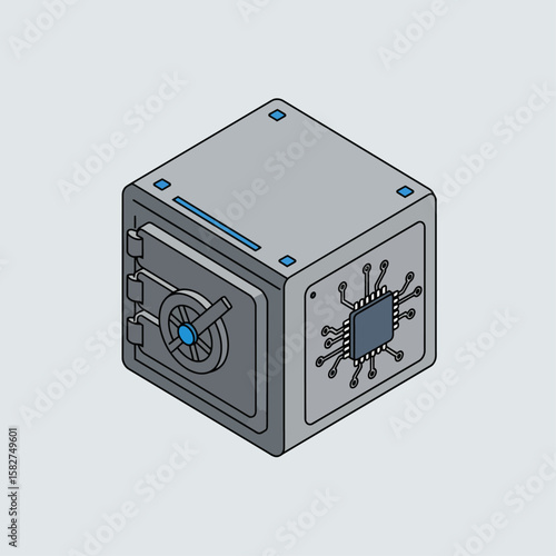 Secure digital data storage, represented as a cube-shaped safe with a microchip.