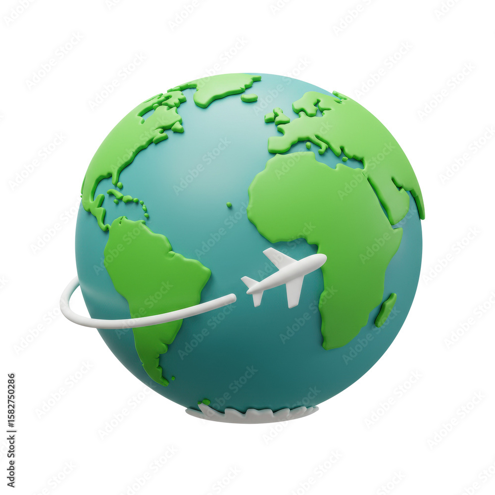Naklejka premium A stylized globe with a small airplane circling it, representing global travel and air transportation. isolated on a transparent background, png, cutout 