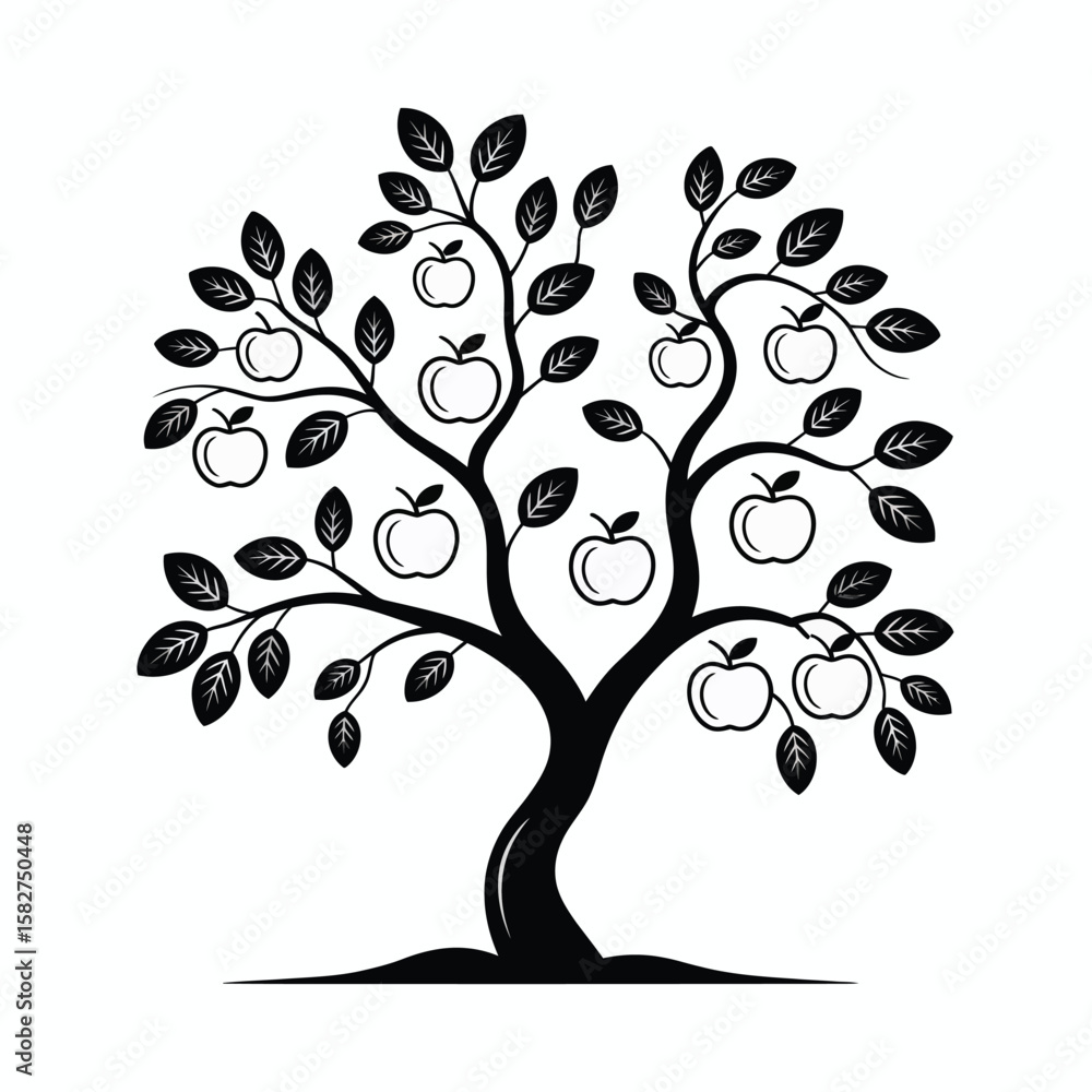 Obraz premium Stylized black silhouette of an apple tree laden with ripe fruit and leaves