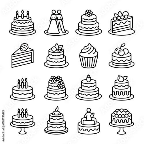 Collection of Sixteen Black and White Line Art Cake Icons Including Birthday Cakes Wedding Cakes Cupcakes and More