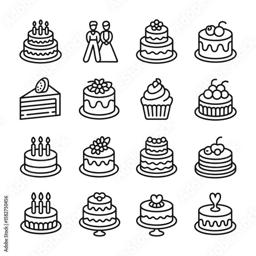 Collection of sixteen black and white line art cake icons including birthday cakes wedding cakes cupcakes and layered cakes with various toppings and decorations