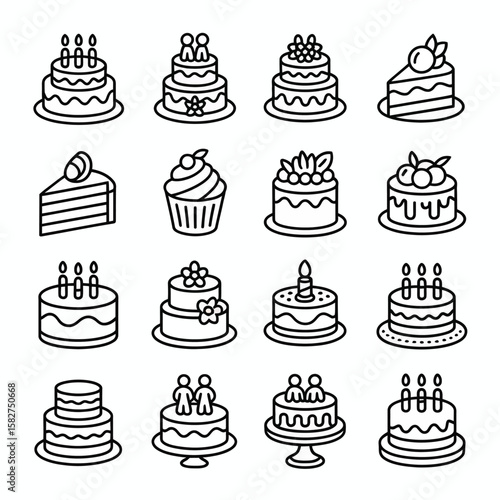 Collection of Sixteen Black Line Art Cake Icons Including Birthday Cakes Cupcakes and Cake Slices on White Backgrounds