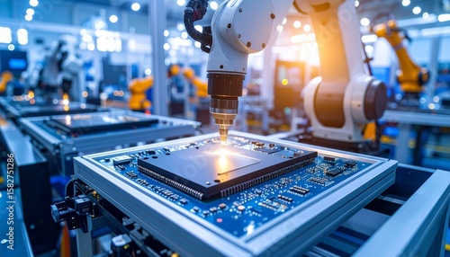 Robotic arm assembling microchips onto circuit board in smart factory environment showcasing precision technology and automation. Ideal for industrial automation and smart factory