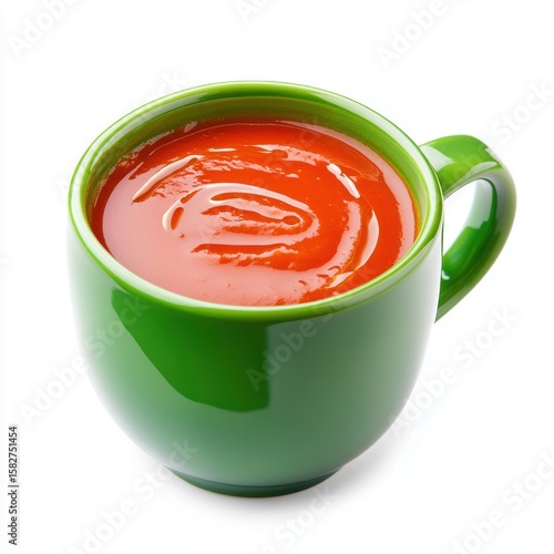 Bright green mug filled with smooth tomato soup and a swirl isolated on white background