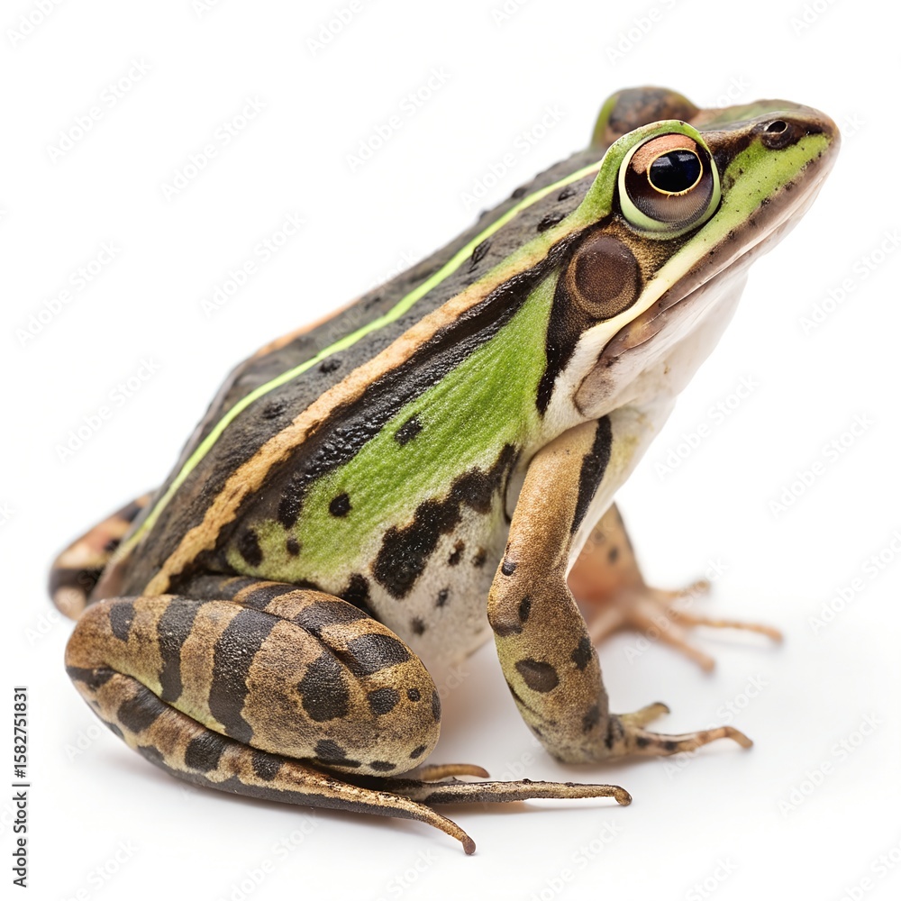Fototapeta premium A close-up of a green and brown striped frog. The frog has large eyes and a smooth skin texture. It is positioned on a white background, showcasing its vibrant colors.
