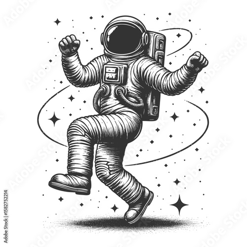 joyful astronaut dancing in space among stars sketch engraving generative ai fictional character vector illustration. Scratch board imitation. Black and white image.