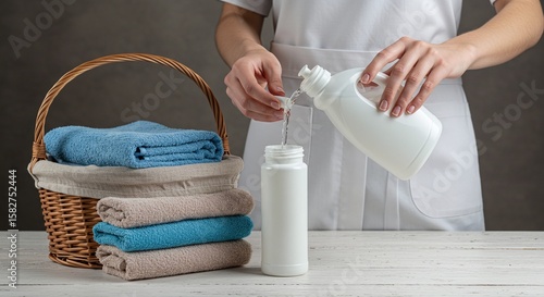 Person Handing Laundry Detergent Bottle with Towels in Basket on Table