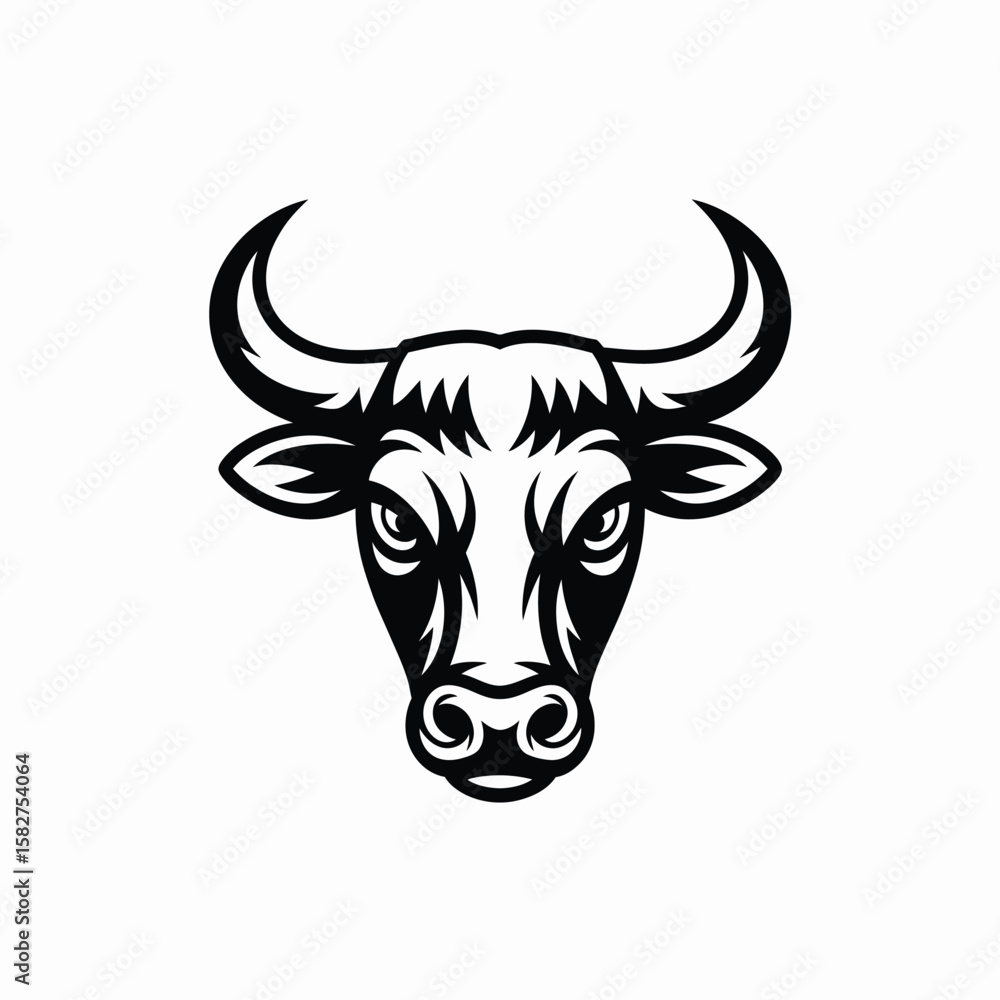 Naklejka premium Stylized black and white illustration of a fierce bull s head with sharp horns